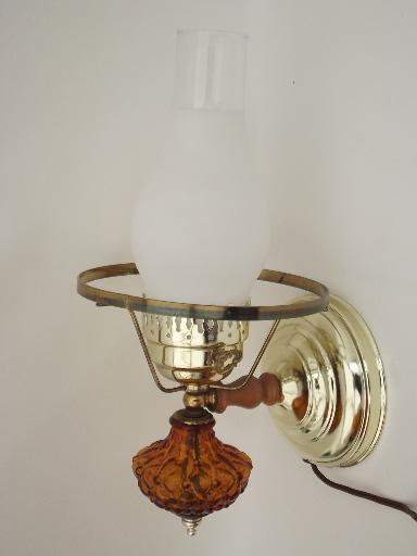 vintage wall sconce reading light, quilted amber glass lamp body and shade