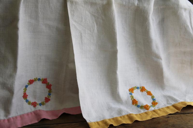 vintage washed linen towels hand embroidered stitching french knots, bath or powder room