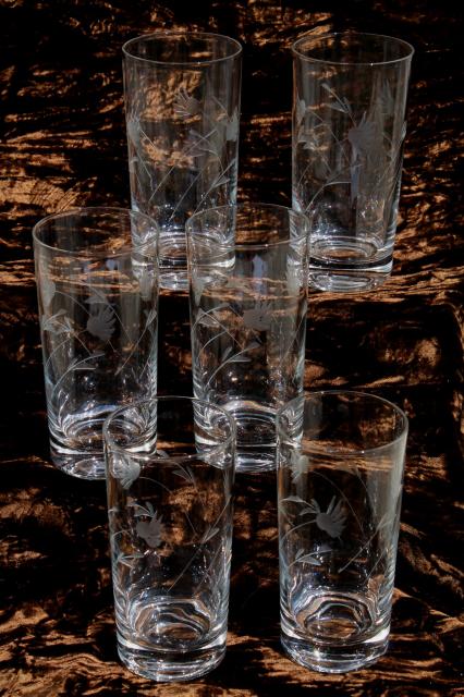 vintage wheel cut glass tumblers, crystal clear drinking glasses w/ etched mod flowers