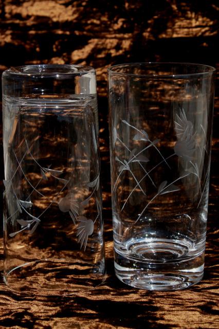 vintage wheel cut glass tumblers, crystal clear drinking glasses w/ etched mod flowers