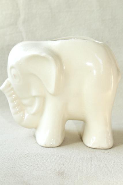 vintage white ceramic elephants, mid-century mod pottery planter pots