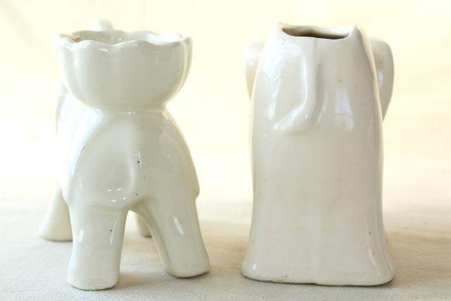 vintage white ceramic elephants, mid-century mod pottery planter pots