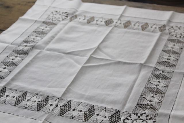 vintage white cotton tea table cloth with drawn thread embroidery lace insertion