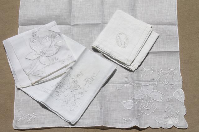 vintage white hankies lot, fine cotton & linen handkerchiefs Madeira style embroidery