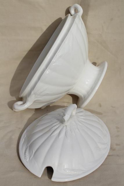 vintage white ironstone china soup tureen, embossed wheat old English Staffordshire