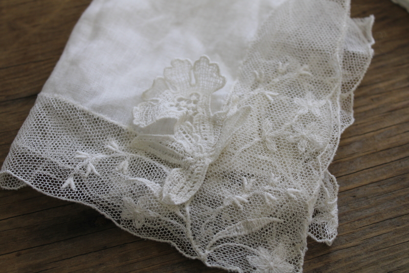 vintage white linen bridal hankies w/ Madeira embroidery fancywork lace edging