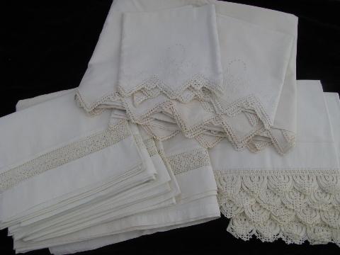 vintage white on white bed linens lot, antique pillowcases / sheets, eyelet & crochet lace