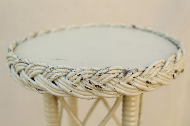 vintage white wicker fern stand, tiny plant table shabby cottage chic 