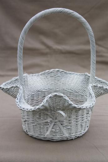 vintage white wicker wedding flower basket, brides basket or for a flower girl