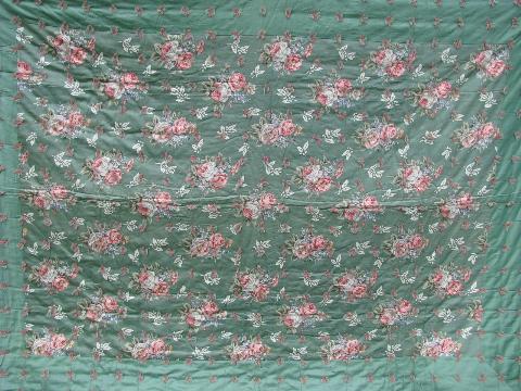 vintage whole cloth quilt comforter, jade green cotton floral print fabric