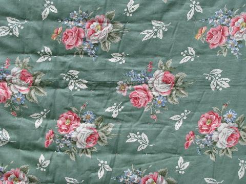 vintage whole cloth quilt comforter, jade green cotton floral print fabric