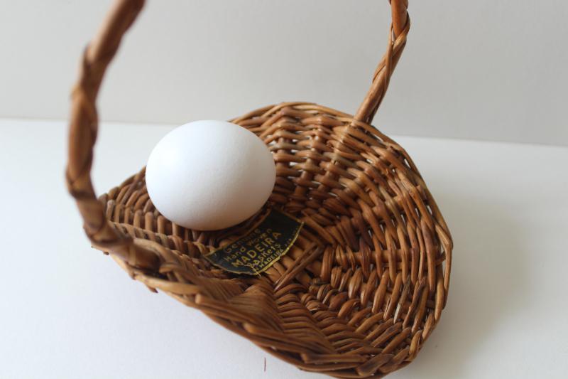 vintage wicker Easter basket made in Madeira label, tiny flower trug doll size