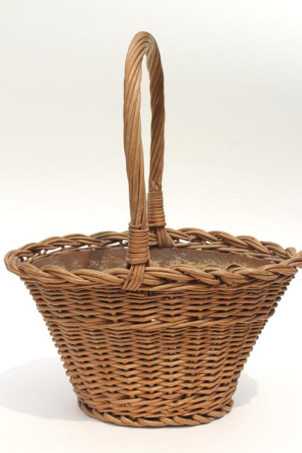 vintage wicker flower basket w/ original old zinc metal liner planter pot