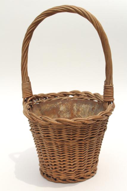 vintage wicker flower basket w/ original old zinc metal liner planter pot