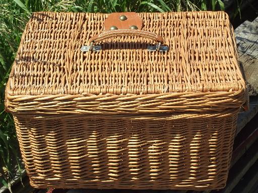 vintage wicker picnic basket, suitcase hamper w/ faux leather handles