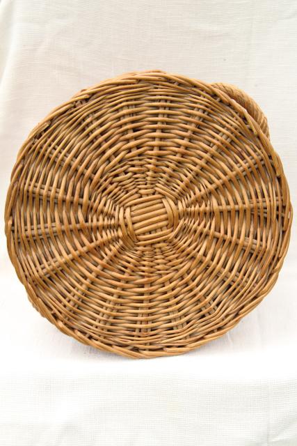 vintage wicker sewing basket / storage hamper, flat table top round basket for needlework