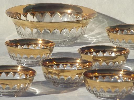 vintage wide gold band crown pattern glass bowls, salad bowl or berry set