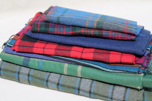 vintage winter work shirt fabric, wool plaid tartan shirting / skirt fabric lot
