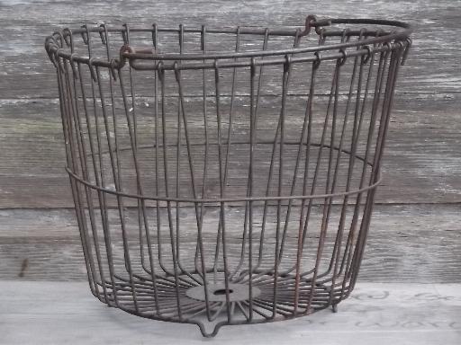 vintage wire egg basket, big old gathering basket for eggs, produce