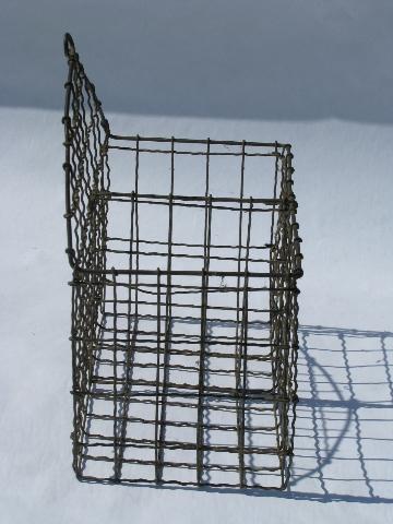 vintage wire wall basket, old primitive wirework art