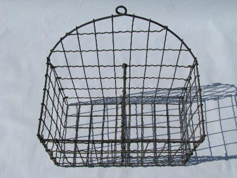 vintage wire wall basket, old primitive wirework art