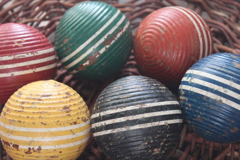 vintage wood croquet balls, set of six different colors w/ primitive worn old paint