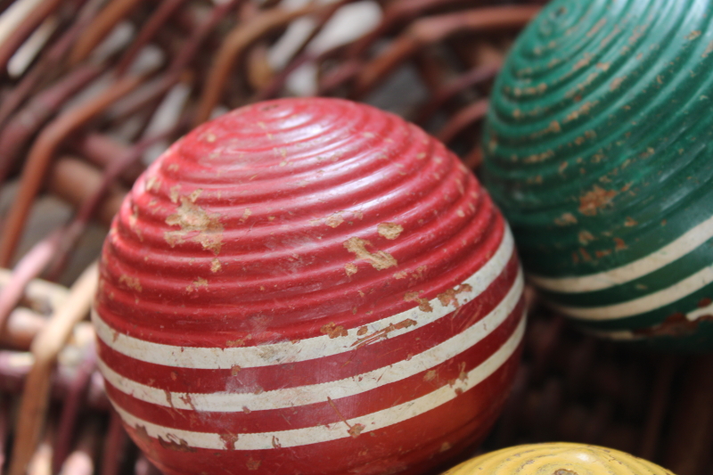 vintage wood croquet balls, set of six different colors w/ primitive worn old paint
