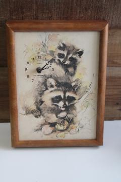 vintage wood framed wall clock Raccoons, 70s vintage Paul Whitney Hunter art print