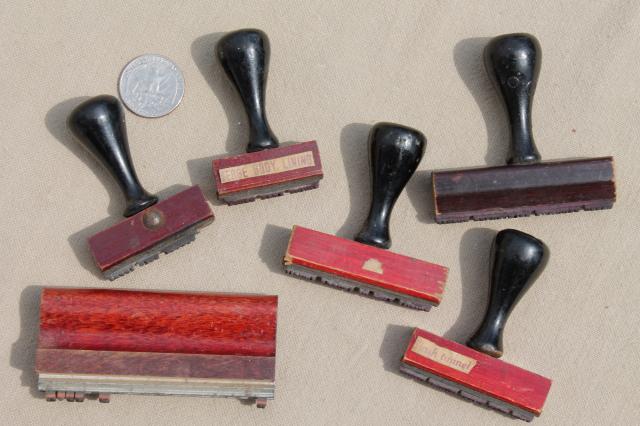 vintage wood handle desk stamps, old rubber stamp lot for business office / address stamps