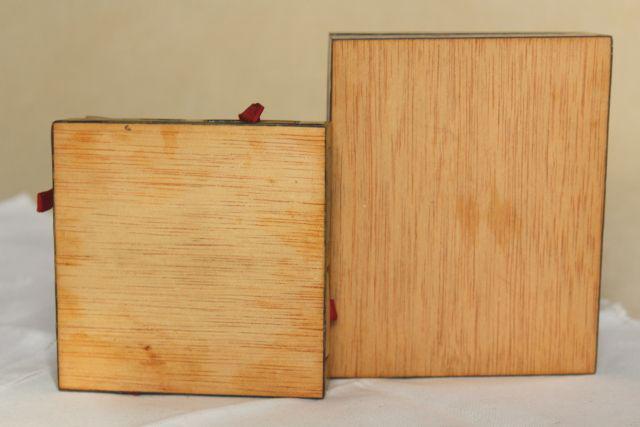 vintage wood inlay match boxes, match striker holder inlaid bone & straw marquetry