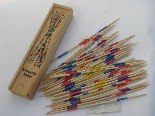 vintage wood pick-up-sticks game, painted wooden sticks, instructions