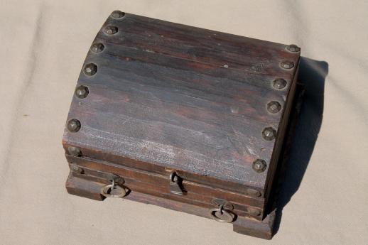 vintage wood pirate treasure chest, rustic wooden trunk or jewelry box