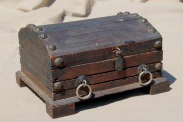 vintage wood pirate treasure chest, rustic wooden trunk or jewelry box