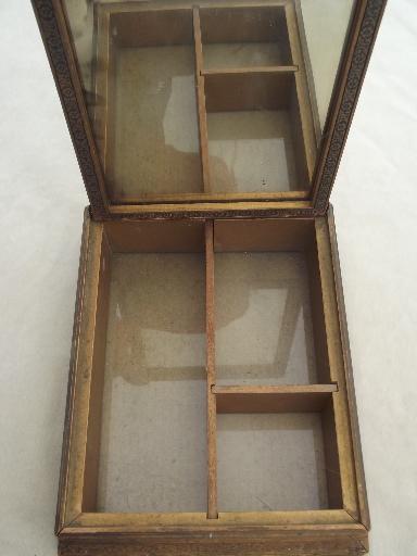 vintage wood portable vanity, mirror stand jewelry box with cottage garden print