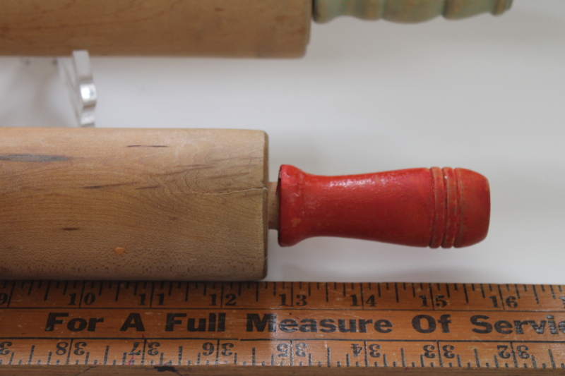 vintage wood rolling pins w/ red  jade green painted wood handles, rolling pin collection