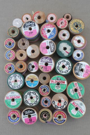 vintage wood spools, lot of primitive old wooden spools from sewing thread