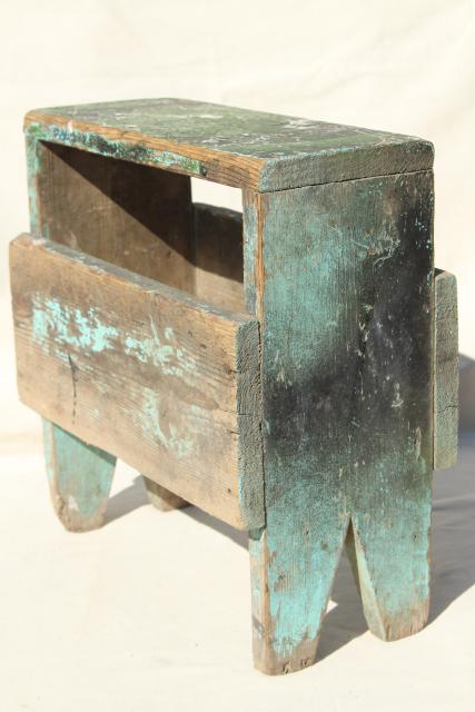 vintage wood tiny bench or foot stool, farm country primitive worn weathered old paint