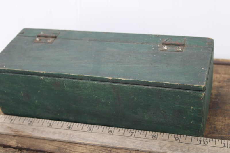 vintage wood tool box w/ worn old green paint, hinged lid storage box farmhouse decor