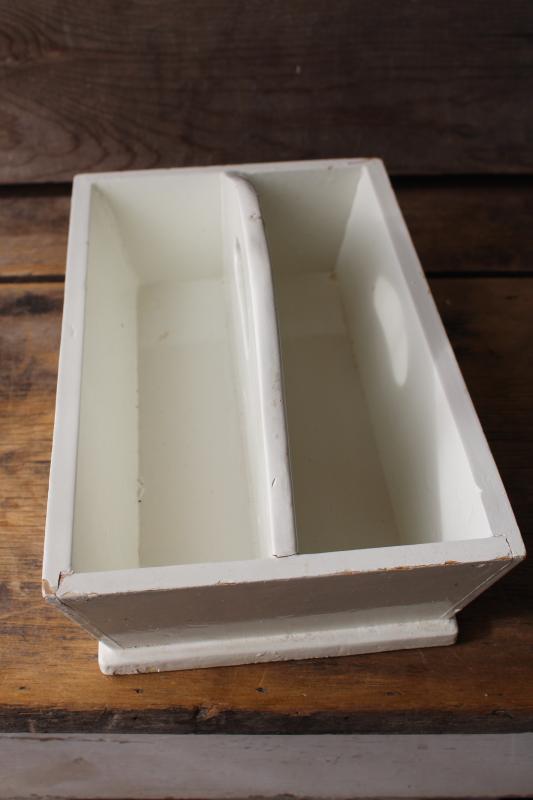 vintage wood tote box caddy basket, shabby old white paint cottage farmhouse style