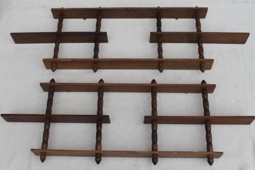 vintage wooden display shelves for miniatures & tiny collectibles, mid-century wall shelf grouping