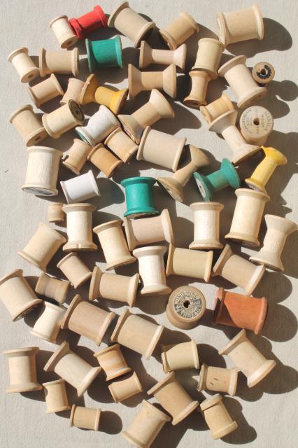 vintage wooden spools w/ some old labels, old sewing thread spools, primitive wood spool lot