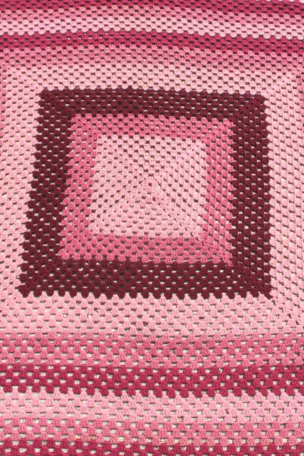 vintage wool afghan blanket, giant crochet granny square in old rose pink, burgundy wine