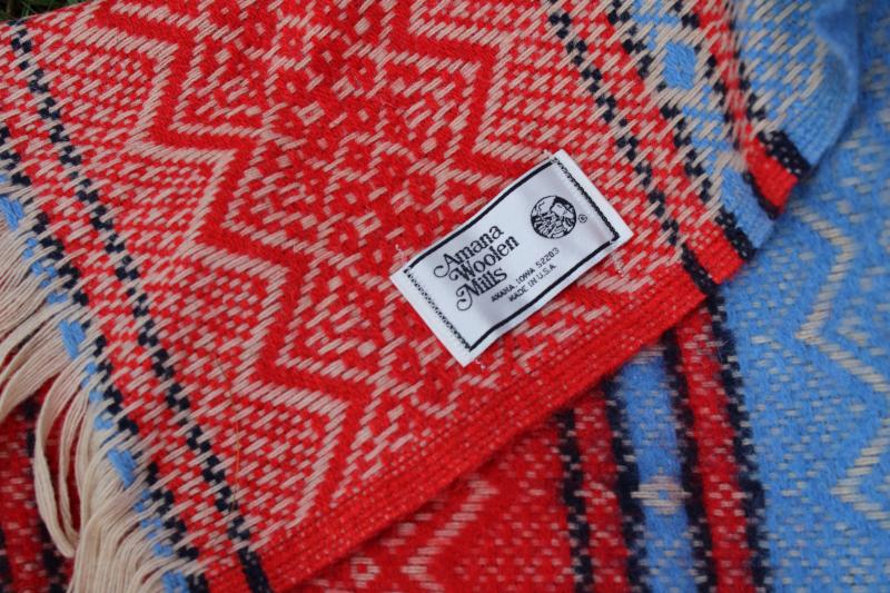 vintage wool blanket, fringed throw woven red white blue camp blanket
