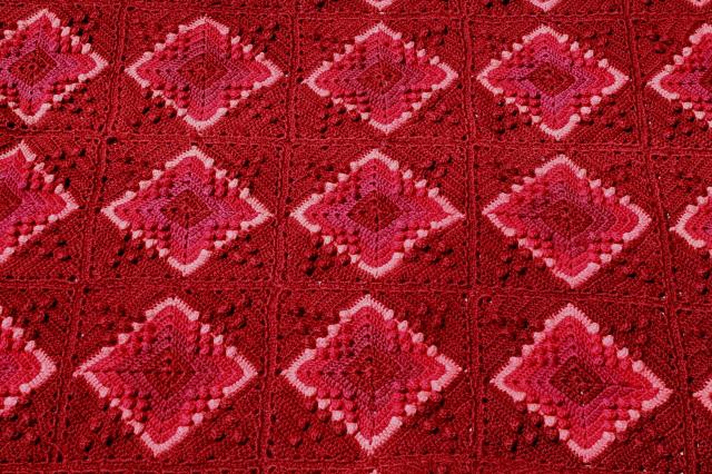 vintage wool blanket granny square crochet afghan, burgundy wine cranberry pink colors