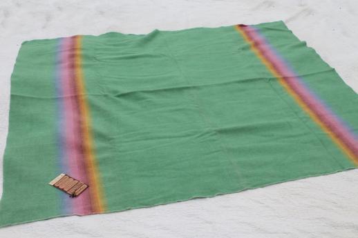 vintage wool blanket w/ original label Monticello Wisconsin, candy colored stripes on jade green