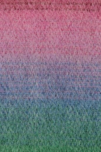vintage wool blanket w/ original label Monticello Wisconsin, candy colored stripes on jade green
