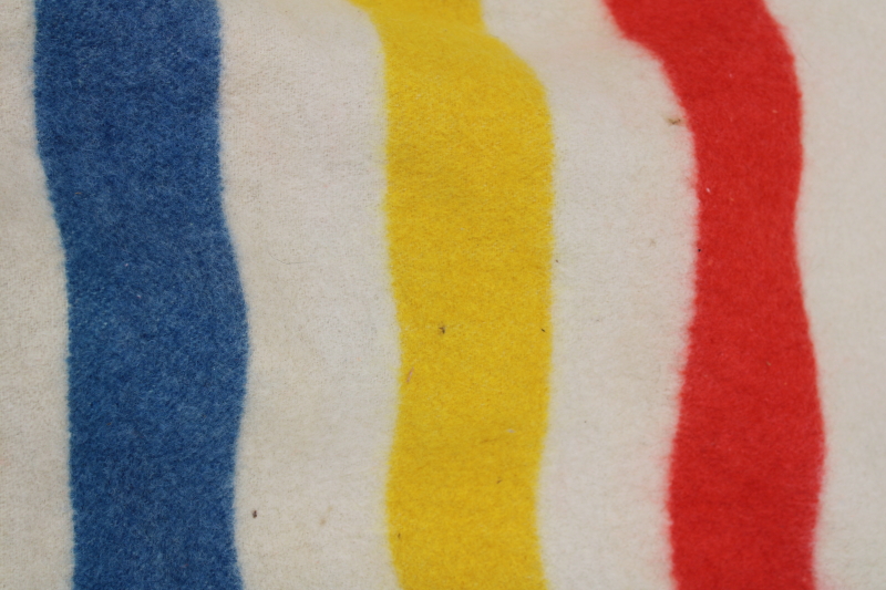 vintage wool camp blanket, red blue yellow striped Hudson Bay blanket style