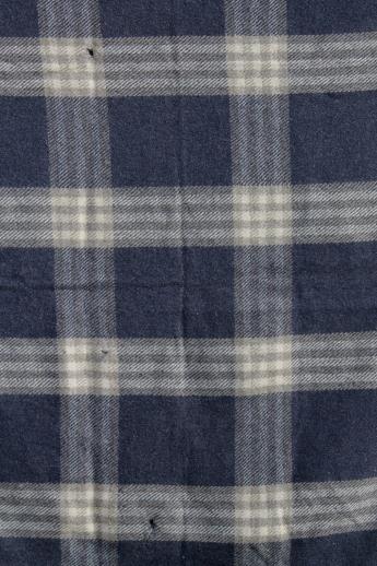vintage wool camp blanket, rustic primitive blue & grey plaid wool blanket fabric