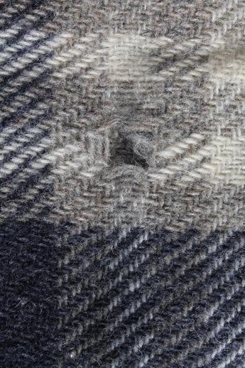 vintage wool camp blanket, rustic primitive blue & grey plaid wool blanket fabric