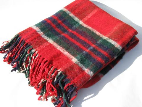 vintage wool camp blanket throw, red / green / blue plaid